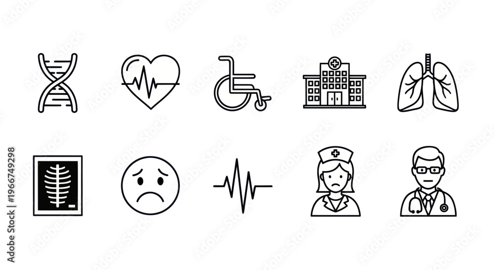 Fototapeta premium Medical Icons Set: DNA, Heartbeat, Wheelchair, Hospital, Lungs, X-ray, Sad Face