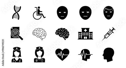 Medical Icons Set: DNA, Health, Brain, Hospital, Nurse, Syringe, Heartbeat