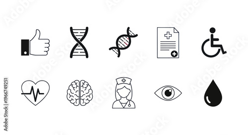 Medical Icons Set: DNA, Heartbeat, Brain, Nurse, Blood Drop, Eye, Disability