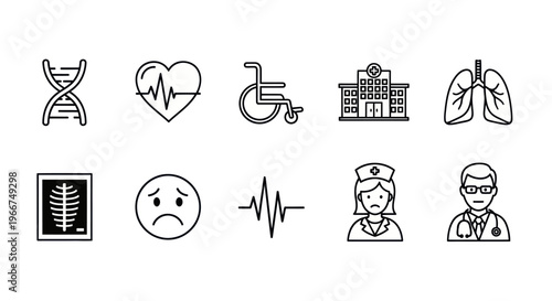 Medical Icons Set: DNA, Heartbeat, Wheelchair, Hospital, Lungs, X-ray, Sad Face