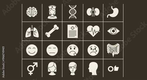 Medical Icons Set: Health, Anatomy, Emotions, Gender, Science and Healthcare Symbols