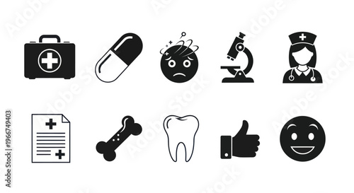 Medical Icons Set: First Aid, Pill, Dizzy Face, Microscope, Nurse, Report, Bone, Tooth, Thumbs Up, Smile