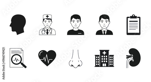 Medical Icons Set: Doctor, Patient, Hospital, Heart, Kidney, Head, Nose