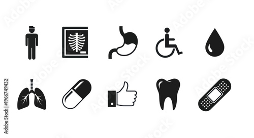 Medical Icons Set: Health, Diagnosis, Treatment and Care Symbols