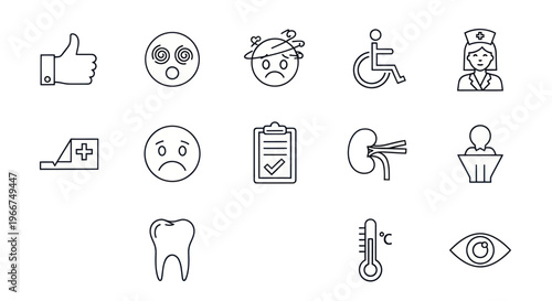 Medical Icons Set: Health Care, Diagnosis, and Patient Support Symbols