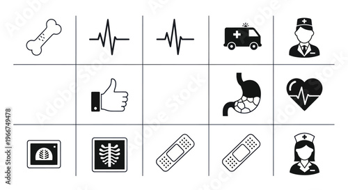 Medical Icons Set: Health, Ambulance, Doctor, Nurse, X-ray, Heartbeat, Bone