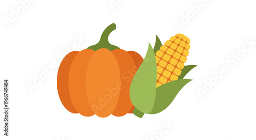 A vibrant and simple illustration featuring a ripe orange pumpkin next to a golden ear of corn with green husks, evoking a sense of autumn harvest and seasonal abundance