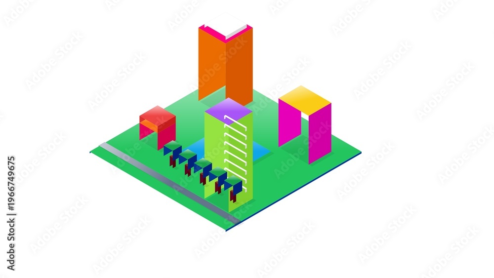 Fototapeta premium Ultra Vibrant 3D Isometric Toy Kingdom Landscape for Kids Colorful Candy Town with Skyscrapers Lake and Train Track Nursery Wall Art