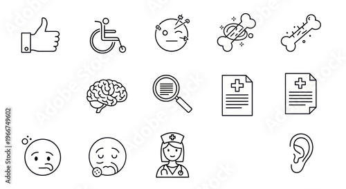 Medical Icons Set: Health, Brain, Bones, Nurse, Disability, Emotion Icons