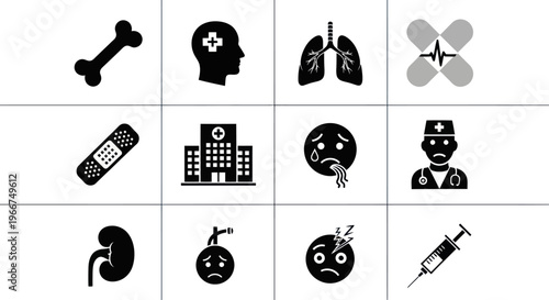 Medical Icons Set: Health, Hospital, Doctor, Sick, Bone, Lungs, Kidney, Syringe