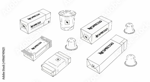 Isometric line art collection of coffee capsules and packaging