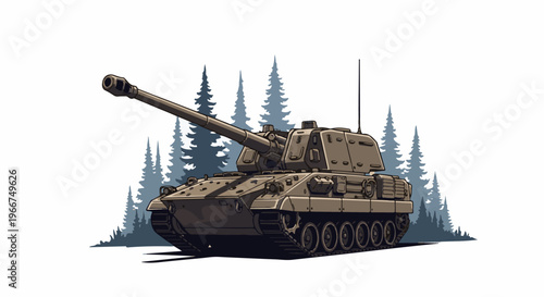 Large artillery tank with cannon pointed forward, silhouetted pine trees behind