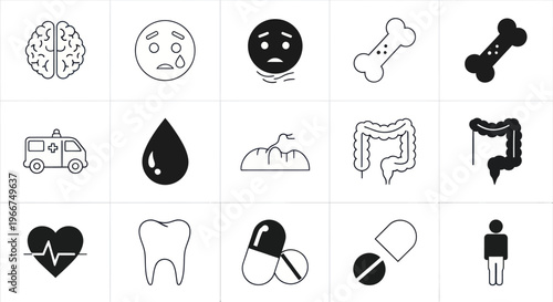 Medical Icons Set: Health, Brain, Bones, Organs, Ambulance, Pills, Tooth