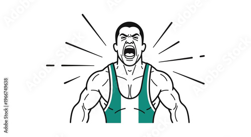 Illustration of a muscular man shouting with radiating lines signifying his powerful voice and intensity during a competition or intense moment