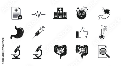 Medical Icons Set: Health, Hospital, Stomach, Syringe, Microscope, Intestines