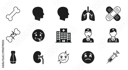 Medical Icons Set: Health, Hospital, Pain, Illness, Treatment, Diagnosis