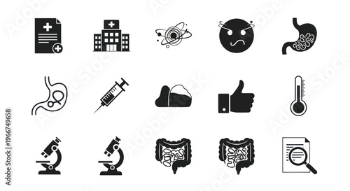 Medical Icons Set: Health, Hospital, Stomach, Digestion, Science, Illness