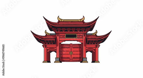 Ornate red gate with traditional curved roof and decorative elements