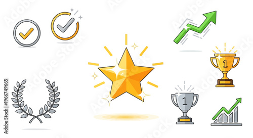 Collection of Award and Achievement Icons Trophies, Stars, Checkmarks, and Growth Charts