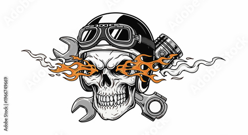 Grinning skull with flaming eyes, goggles, piston, and wrenches