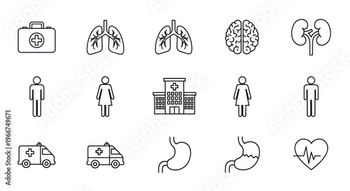 Medical Icons Set: Health, Hospital, Organs, Ambulance, Brain, Lungs, Kidneys