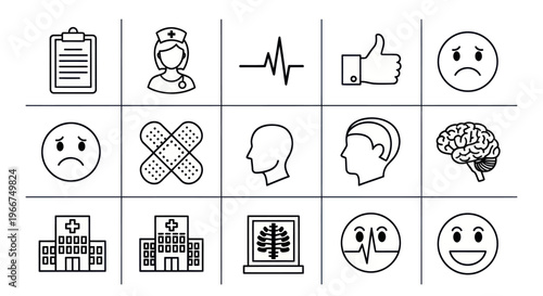 Medical Icons Set: Health, Care, Hospital, Brain, Emotions, ECG, X-ray