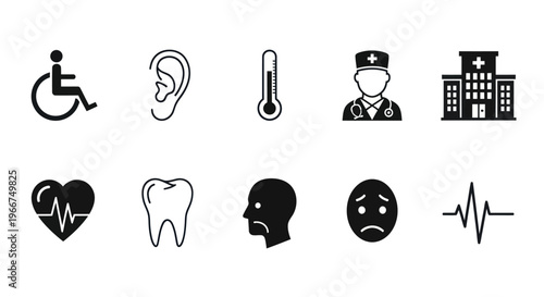 Medical Icons Set: Health, Care, Hospital, Doctor, Symptoms, Illness