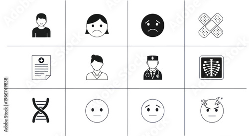 Medical Icons Set: Health, Sadness, DNA, Doctor, X-ray, Bandage, Emotions