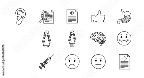 Medical Icons Set: Health, Diagnosis, and Emotions - Line Art Collection