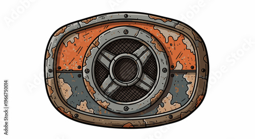 An oval-shaped, rusty, metallic hatch with a central circular grate and crossbars