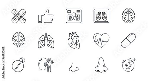 Medical Icons Set: Health, Diagnosis, Organs, and Treatment Line Art Collection