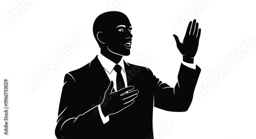 Businessman in suit using american sign language with one hand raised and the other on his chest