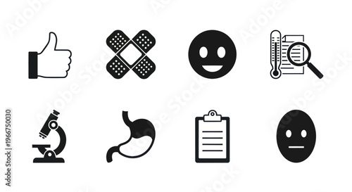 Medical Icons Set: Health, Diagnosis, Stomach, Microscope, Clipboard, Thermometer