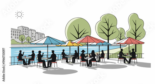 People dine outdoors on a sunny day by a tranquil blue river and green trees