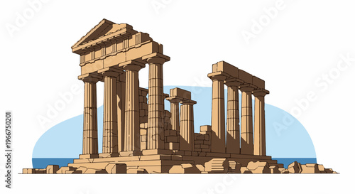 Ancient stone ruins of classical Greek temple columns on a rocky shore