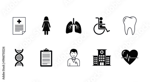 Medical Icons Set: Health, Science, Hospital, Doctor, Dental, DNA, Lungs, Heartbeat