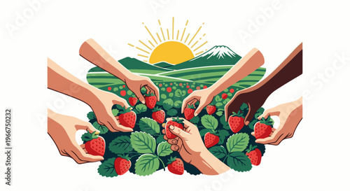 Multiple hands picking fresh strawberries in a field under a rising sun