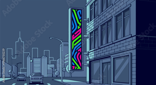 Neon sign illuminates a city street at dusk, cars pass by