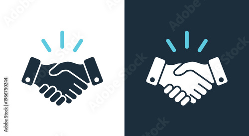 Business partnership agreement concept shown through dual tone icon of two hands firmly shaking hands