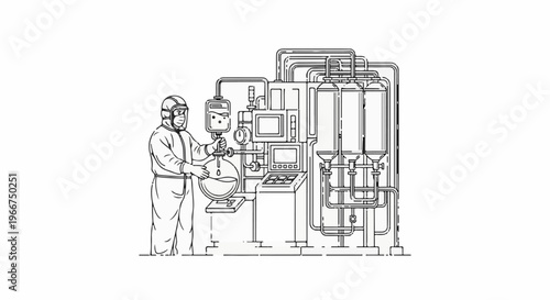 Person in protective gear operates complex industrial processing equipment with tanks