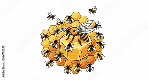 Many bees surround a large hexagonal honeycomb filled with golden honey