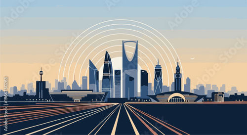 Pixel art cityscape with tall buildings and converging roads at sunset