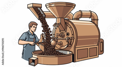 Man operating coffee roasting machine with falling beans