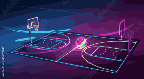 Pixelated basketball court under neon lights, night scene