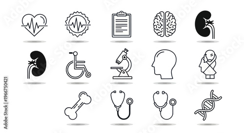 Medical Icons Set: Heart, Brain, Kidney, DNA, Stethoscope, Microscope, Wheelchair
