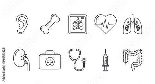 Medical Icons Set: Healthcare, Anatomy, and Diagnostics Line Art Collection
