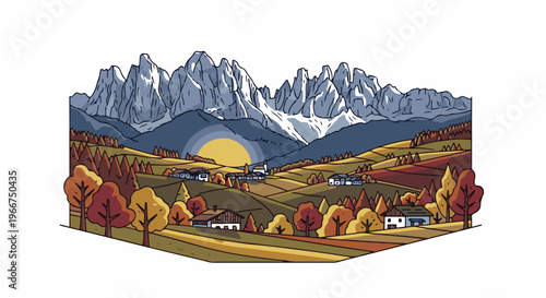 Autumnal mountain village scene with rolling hills and colorful trees