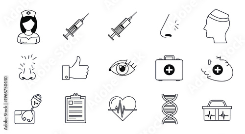Medical Icons Set: Healthcare Symbols, Doctor, Nurse, Syringe, DNA, Heartbeat, Nose, Eye