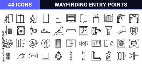 Building Navigation and Wayfinding Outline Symbols for Emergency Exit, Entrance Access, and Architectural Doorway Information Systems