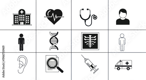 Medical Icons Set: Hospital, Heartbeat, Stethoscope, DNA, X-ray, Syringe, Ambulance